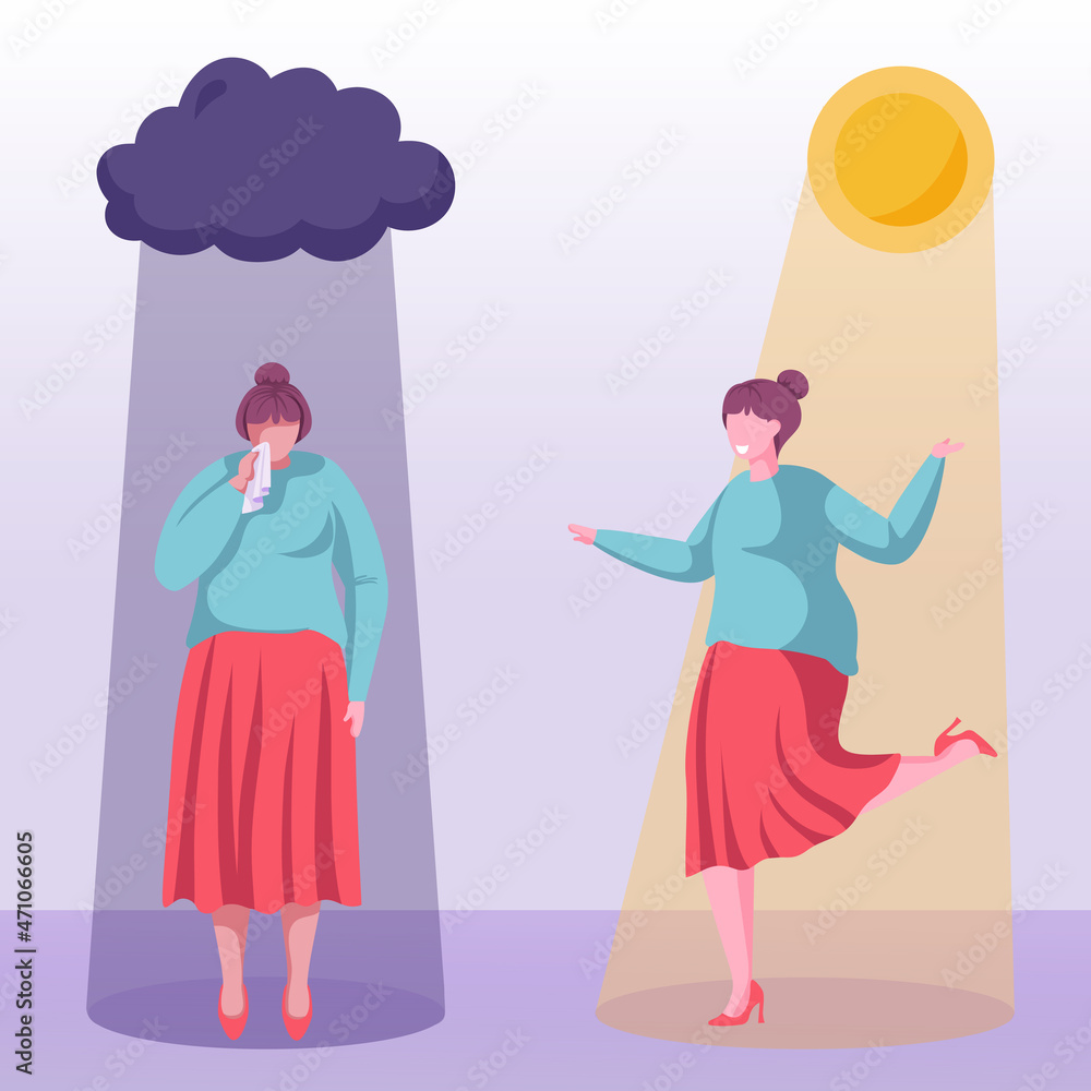 Young woman in two different moods. Bipolar. Sad crying girl with mental problem. Happy young active girl dancing after depression recovery. Cartoon vector illustration in flat design. Young woman in two different moods. Bipolar. Sad crying girl with mental problem. Happy young active girl dancing after depression recovery. Cartoon vector illustration in flat design.