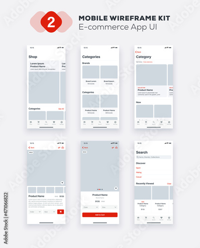 E-commerce Mobile application design. UI, UX, GUI design elements. Business mobile app interface template.
