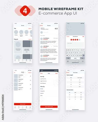 Mobile app ecommerce UI, UX design kit. Business web site or mobile template. Responsive GUI layout.