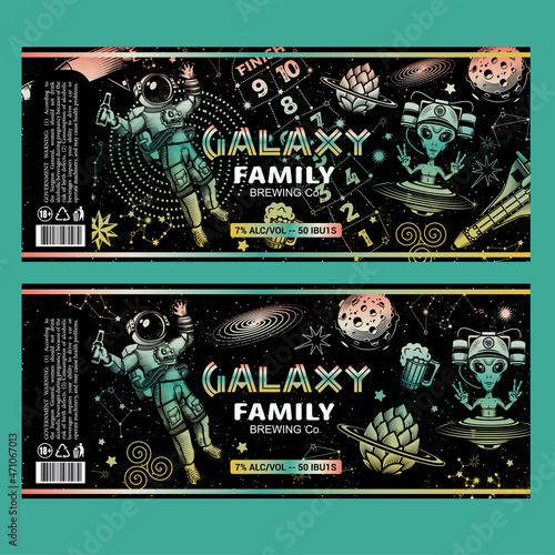 Custom Beer Label Designs. Beer Label With Space, Hop Planet,  Astronaut Holding Beer Bottles, and Alien With Beer helmet.