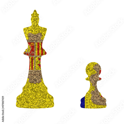 Bright glitter chess figures queen and pawn silhouettes in colors of national flag. Andorra