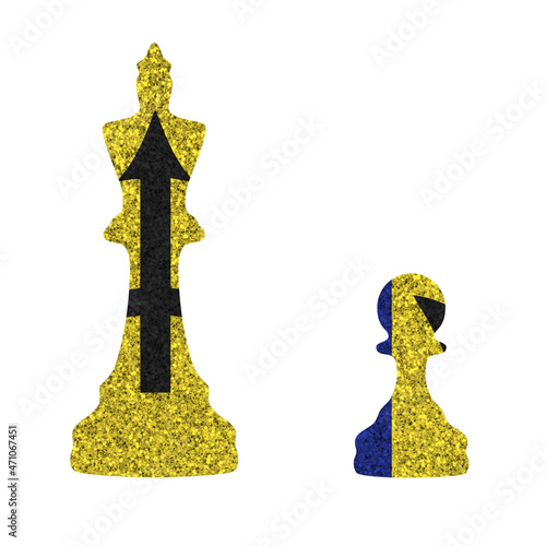 Bright glitter chess figures queen and pawn silhouettes in colors of national flag. Barbados