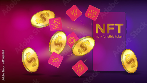 Unique tokens and gold coins of US dollars fly out from cellphone. Concept of earning dollars USD on NFT non fungible token. Colorful template for banner or game. Vector illustration.