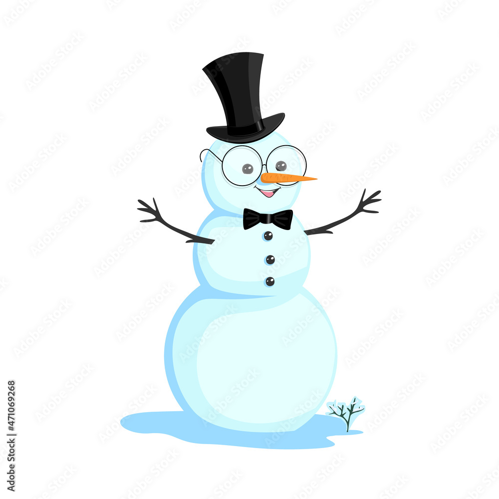 Snowman in a top hat, bow tie and glasses. Vector illustration of a cheerful snowman in cartoon style on a white background for decorating a flyer, postcard or poster. Snowman in a top hat, bow tie and glasses. Vector illustration of a cheerful snowman in cartoon style on a white background for decorating a flyer, postcard or poster.