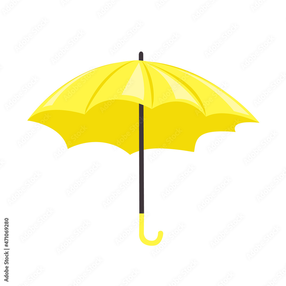 Yellow umbrella in simple flat style isolated on white background. Vector illustration for decorating a flyer or postcard.