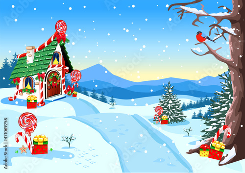 A small house is decorated for the celebration of Christmas on a winter background in the forest. Vector illustration template for postcard, flyer or poster. Winter fairy tale. Christmas mood.