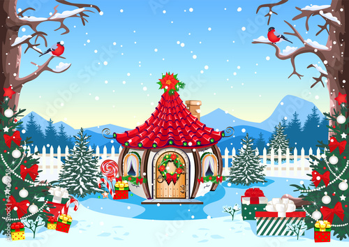 A small house is decorated for the celebration of Christmas on a winter background in the forest. Vector illustration template for postcard, flyer or poster. Winter fairy tale. Christmas mood.