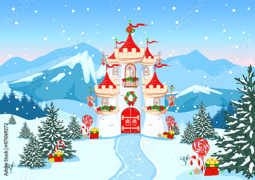 A beautiful princess castle with red roofs, balcony and Christmas decorations. Vector illustration of a fairy tale castle on a winter background in the forest. Winter fairy tale. Christmas mood.