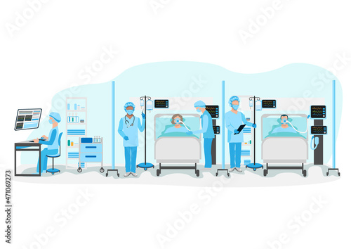 Doctors and nurses visit patients on artificial ventilation. Interior of a modern intensive therapy room. Thanks to doctors and nurses for saving lives. Vector illustration.