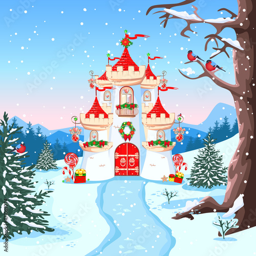 A beautiful princess castle with red roofs, balcony and Christmas decorations. Vector illustration of a fairy tale castle on a winter background in the forest. Winter fairy tale. Christmas mood.