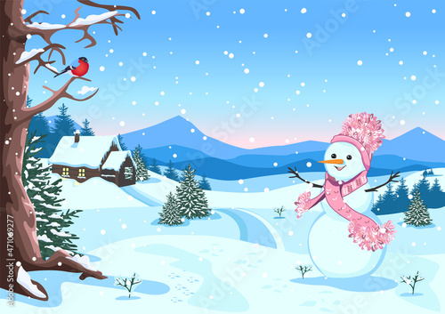 Beautiful winter background with a village house and a snowman in a hat. Vector illustration of a rural winter landscape. Winter fairy tale. Christmas mood.