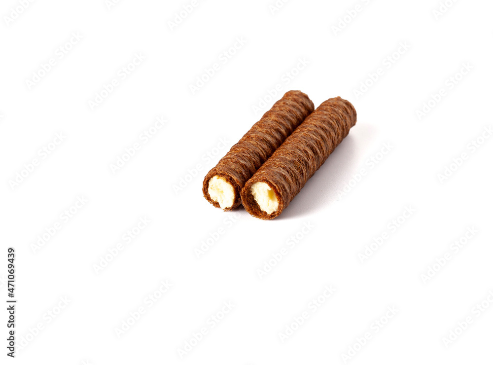 Brown wafer roll isolated on white background. Broken Chocolate wafer roll stick Close up Brown wafer roll isolated on white background. Broken Chocolate wafer roll stick Close up