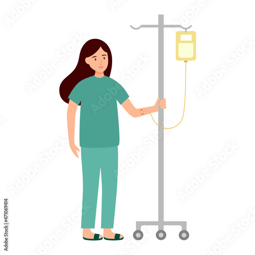 Female patient holding a drip stand concept vector illustration on white background.