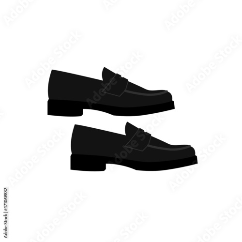 Pair of trendy black loafer shoes. Modern women's and men's footwear with low heel. Flat style. Isolated vector illustration