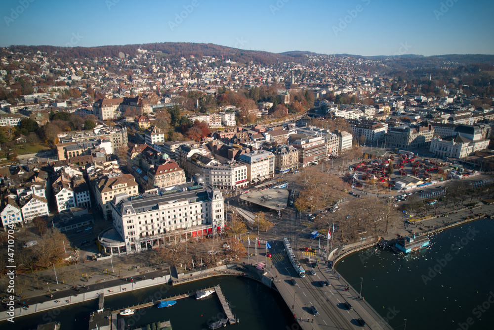 Aerial view of City of Zürich on a sunny autumn afternoon with river Limmat and lake Zürich. Photo taken November 21st, 2021, Zurich, Switzerland.