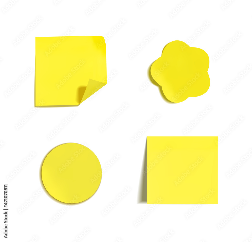 3D set of bright yellow stickers isolated, square and circle shapes. 3D set of bright yellow stickers isolated, square and circle shapes.