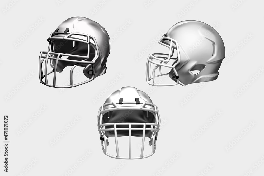 Blank Modern football helmet mockup template isolated on a white background. Front side and back view. 3d rendering. Blank Modern football helmet mockup template isolated on a white background. Front side and back view. 3d rendering.