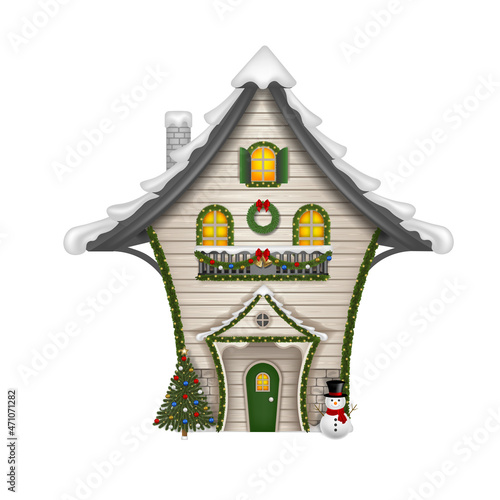 Christmas decorated house. wooden house with decorations, lights, christmas tree and snowman
