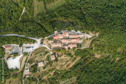 Aerial top down view of Hum, one of the smallest town in the world on hilltop in Istria, Croatia. photo