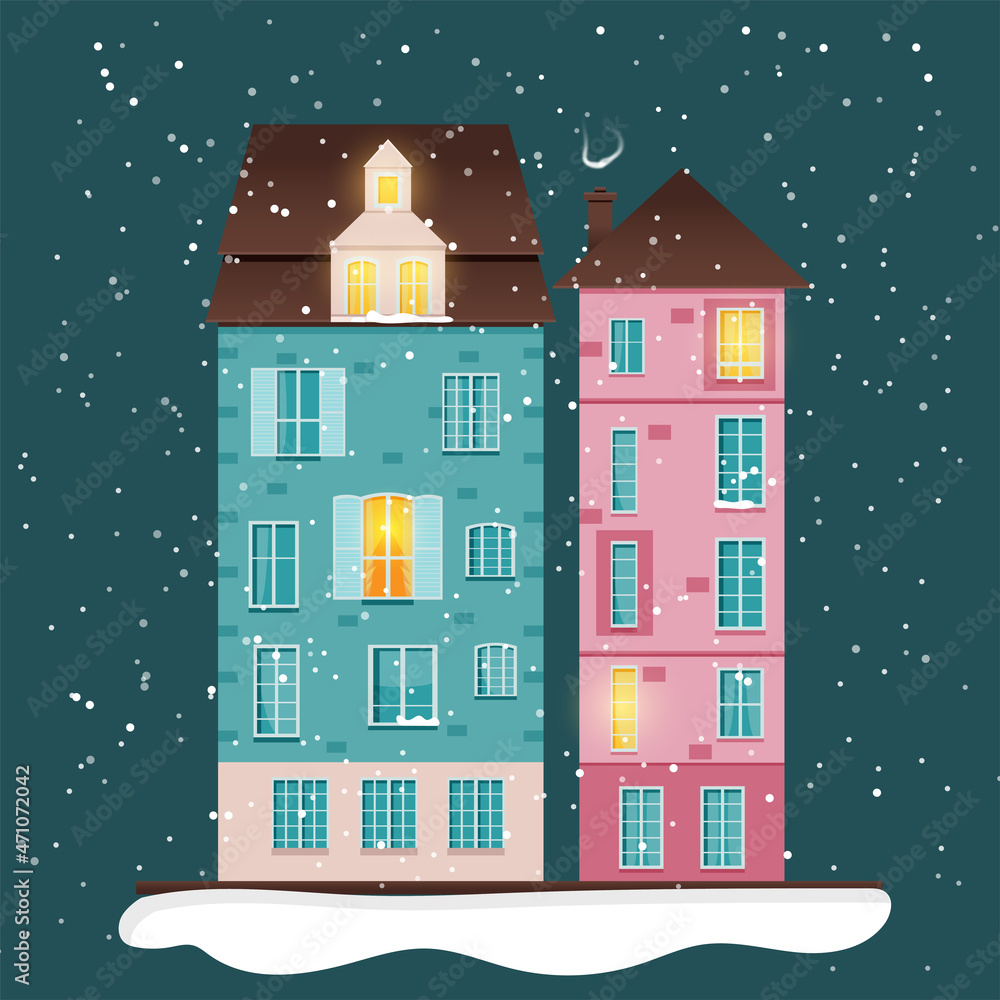 Christmas house. Colored house in Scandinavian style. Blue and pink house with glowing windows. Christmas snow house.