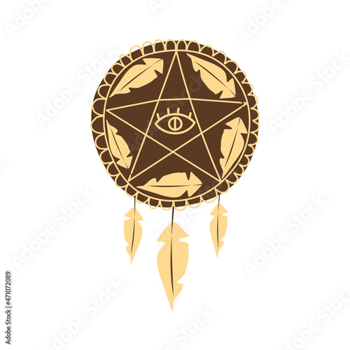 Mystical dream catcher with star and feathers. Vector illustration in hand drawn cartoon style.
