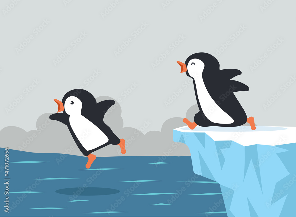 Fototapeta premium Cute penguins jumping on Iceberg