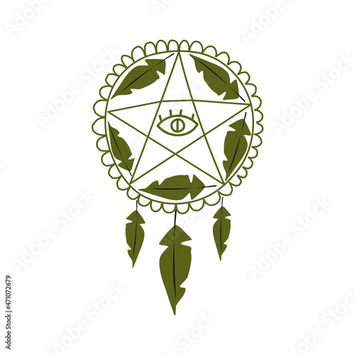 Mystical dream catcher with star and feathers. Vector illustration in hand drawn cartoon style.
