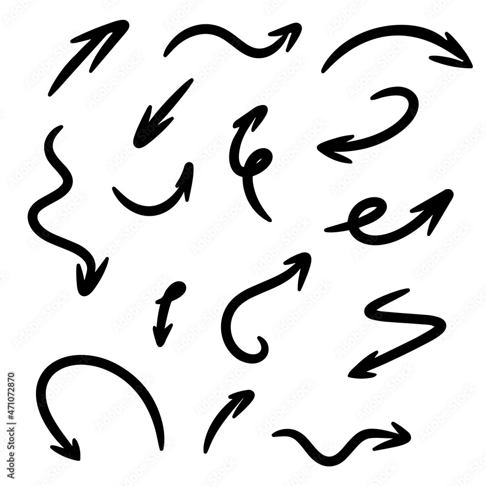 A set of arrows with hand-drawn doodles for decorative design. Isolated vector illustration. A sketch of a drawing. An isolated set of vectors. Vector icon with an arrow. Hand-drawn illustration. A set of arrows with hand-drawn doodles for decorative design. Isolated vector illustration. A sketch of a drawing. An isolated set of vectors. Vector icon with an arrow. Hand-drawn illustration.