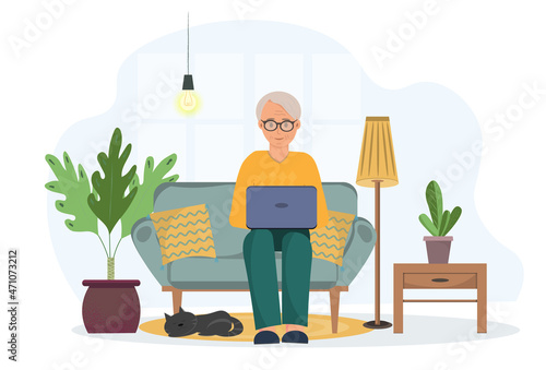An eldery man sitting on the sofa with the laptop, chatting or working at home, domestic life concept, flat vector illustration
