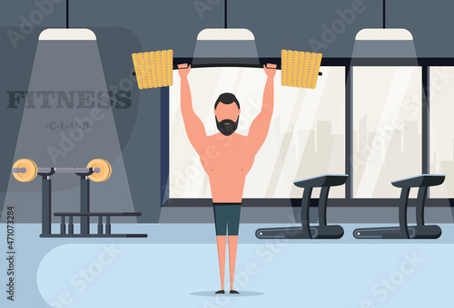 A man stands raises the barbell in a fitness club. The concept of a successful sport. Vector illustration in modern style