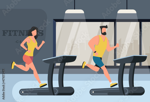 The man and woman running on a treadmill in a fitness club or gym. sport fitness concept. Vector illustration in modern style. Guy and girl run on a treadmill.