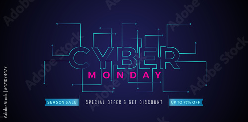illustration of CYBER MONDAY letter on dark background with technology concept for advertising, promotional online shop, poster, web banner, brochure and flyer design concept.