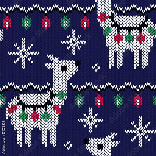 	
Llama jacquard knitted seamless pattern. Christmas background for knitted wear, sweater and socks design. Vector illustration.