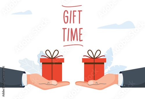 Gift exchange. Christmas Eve gifts. New Year gifts. A man's hand gives a gift. Vector illustration in modern style