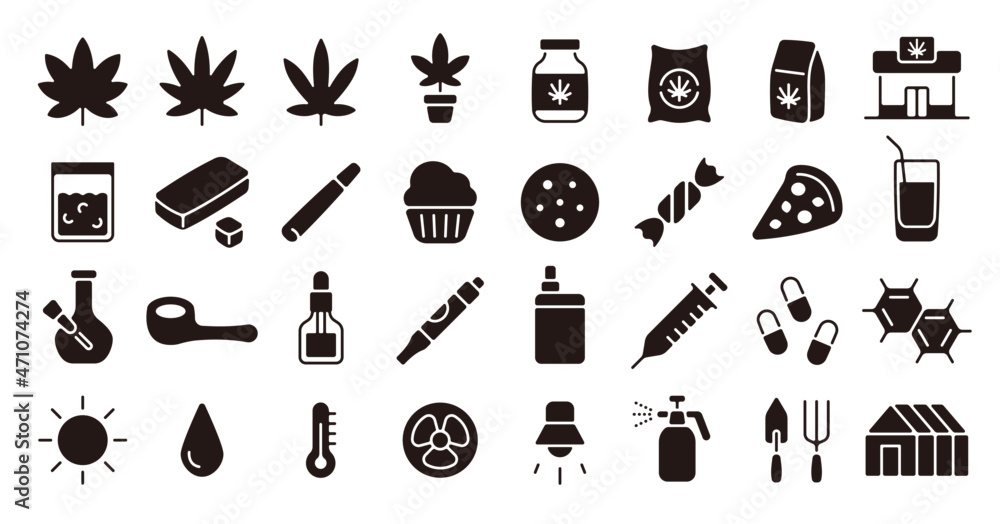 Obraz premium Cannabis product icon set (Flat silhouette version)