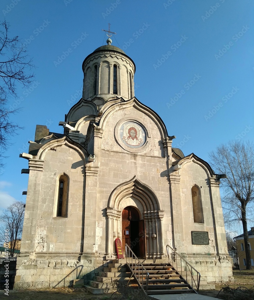 Ancient historical building of orthodox church cathedral in Russia, Ukraine, Belorus, Slavic people faith and beleifs in Christianity Moscow Andronik Monastery