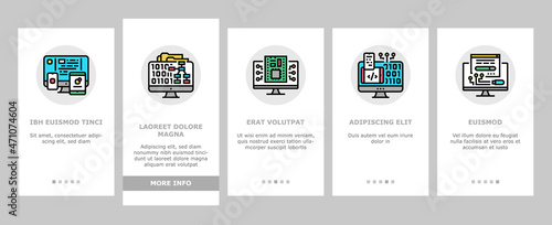 Software Program Development Onboarding Mobile App Page Screen Vector. Freeware Download And Upload For Sharing, Programming Code And Script, Hacked And License Software. Firmware Illustrations