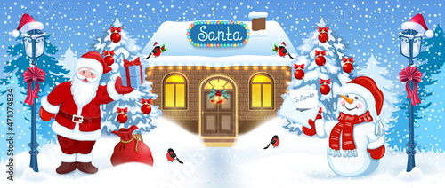 Christmas card with Santa Claus, Snowman with wish list, Santa's workshop and streetlamp against winter forest background. New Year postcard.