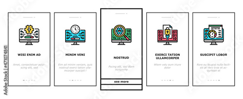 Software Program Development Onboarding Mobile App Page Screen Vector. Freeware Download And Upload For Sharing, Programming Code And Script, Hacked And License Software. Firmware Illustrations