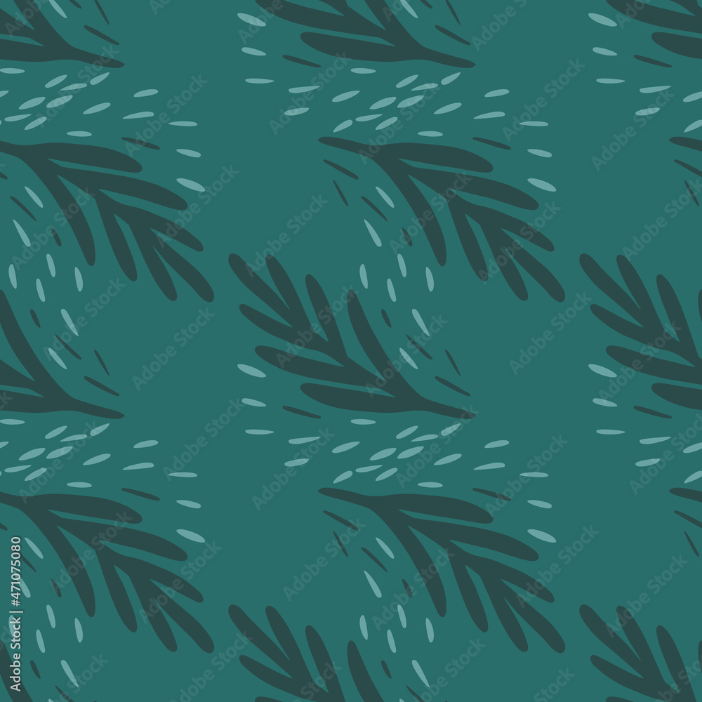 Seamless pattern fir twig on teal background. Vector geometric template in doodle style. Christmas forest texture.