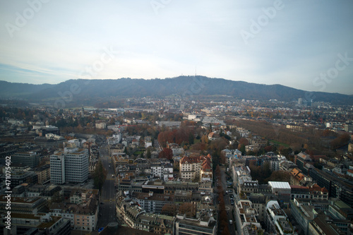 Aerial view of City of Zürich on a cloudy autumn day. Photo taken November 18th, 2021, Zurich, Switzerland.