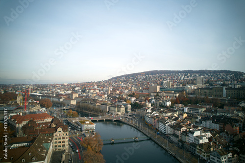 Aerial view of City of Zürich on a cloudy autumn day. Photo taken November 18th, 2021, Zurich, Switzerland.