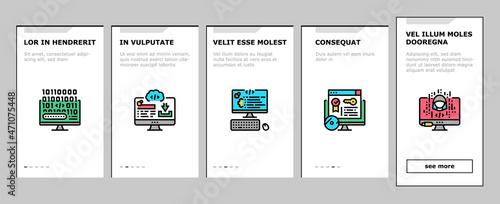 Software Program Development Onboarding Mobile App Page Screen Vector. Freeware Download And Upload For Sharing, Programming Code And Script, Hacked And License Software. Firmware Illustrations