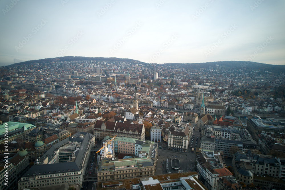 Aerial view of City of Zürich with famous Paradeplatz on a cloudy autumn day. Photo taken November 18th, 2021, Zurich, Switzerland.