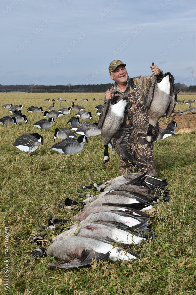 Naklejka premium Hunter with a trio of geese 