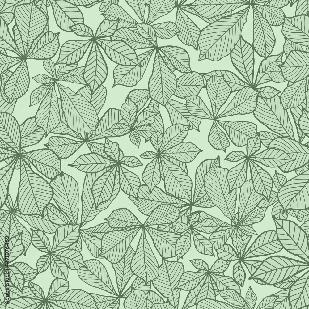 Seamless pattern with hand drawn leaves. Green background.