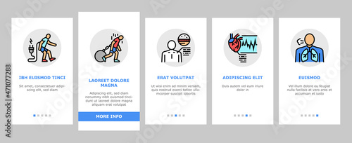 Anemia Patient Health Problem Onboarding Mobile App Page Screen Vector. Fanconi And Autoimmune Hemolytic Anemia Disease, Dizziness, Shortness Of Breath And Irregular Heartbeats. Illustrations