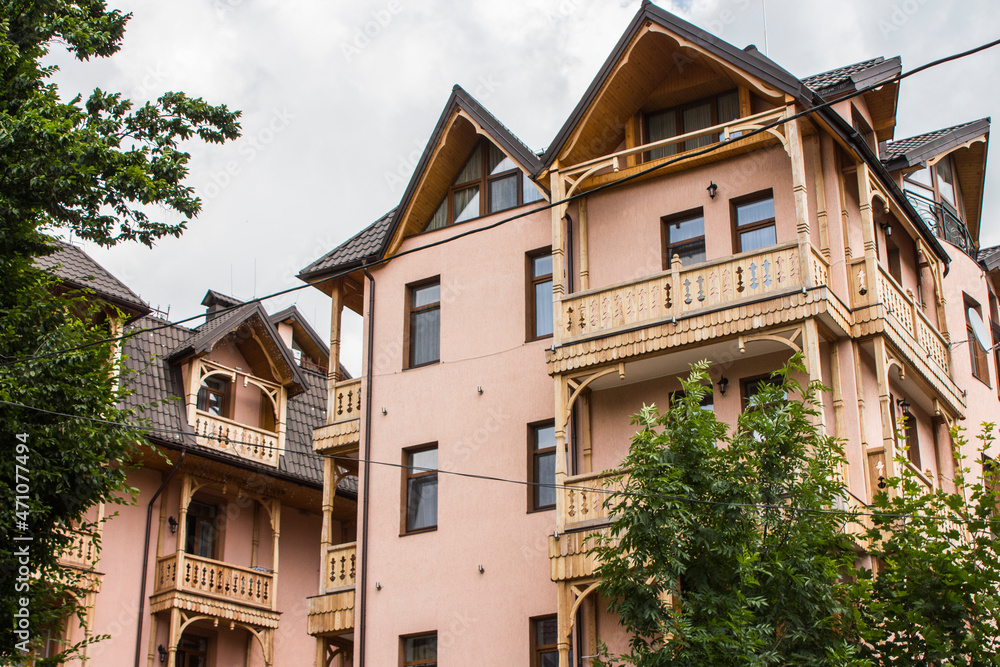 Fototapeta premium Beautiful wooden hotel building in Truskavets. Ukraine 