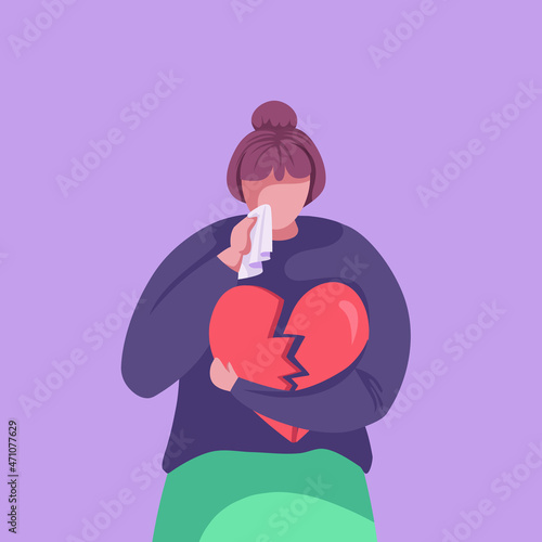Sad young woman feel depressed and heartbroken. Unhappy teen girl cries after break up and brushes away tears with napkin. Colorful cartoon vector illustration.