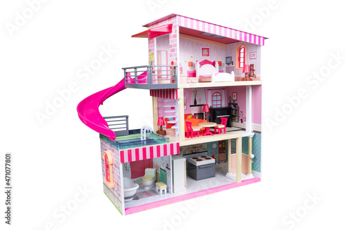 House of dolls with furniture isolated on white background. Furnished pink doll house isolated. Dollhouse. House construction with kitchen bedroom bathroom and pool interior